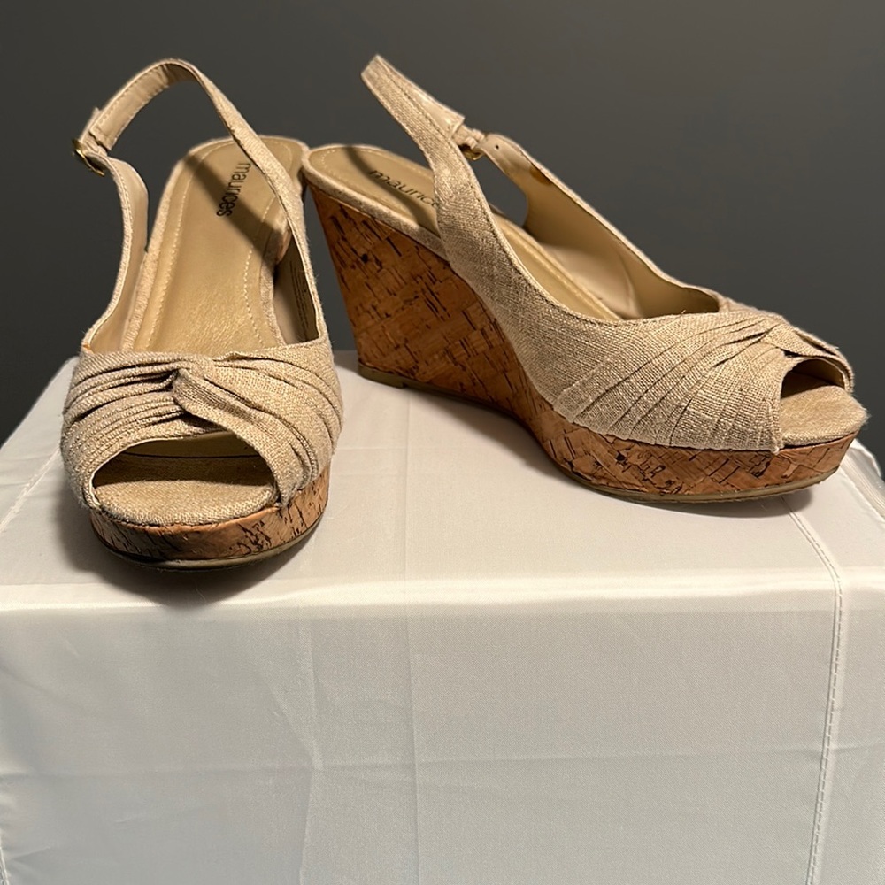 Mauriceβs Faux Cork Slingback Wedge Sandal Size 9 Beige Summer Heel